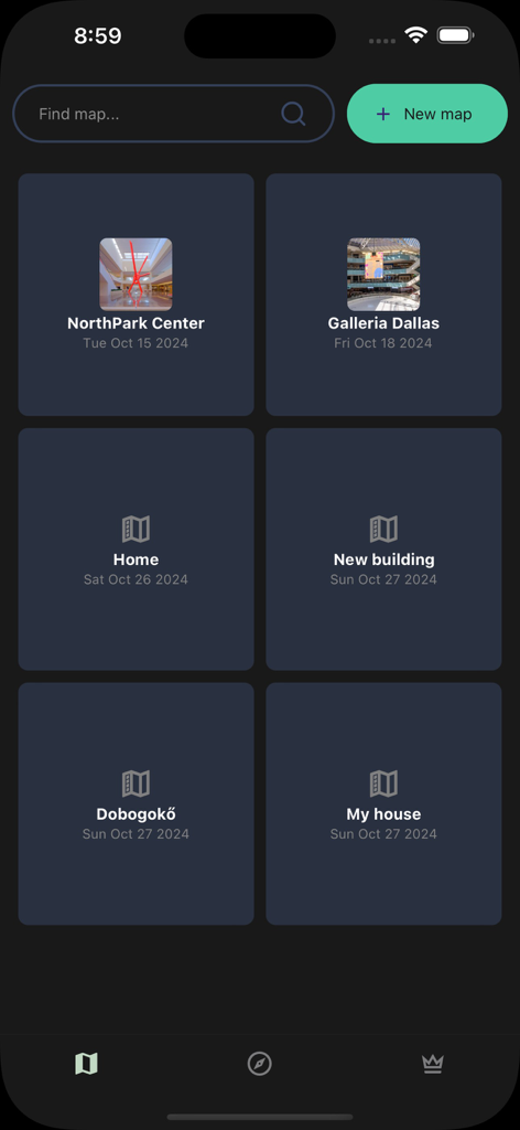Map-in - The Map-in app dashboard displaying a grid of saved indoor navigation maps like NorthPark Center and Galleria Dallas.
