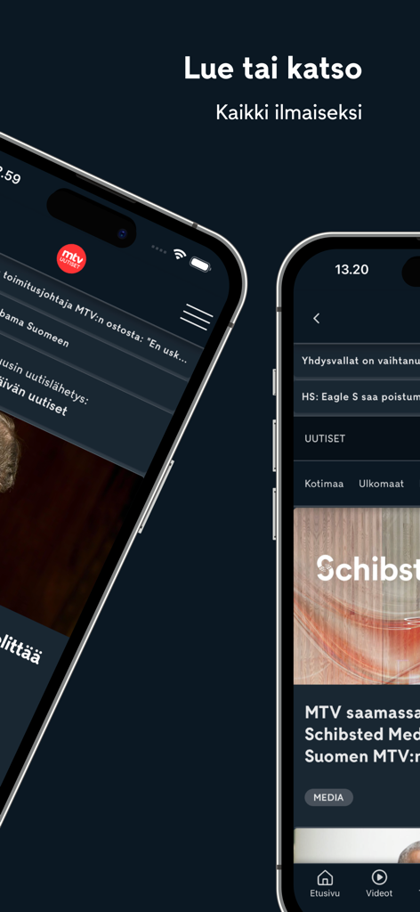 Dos teléfonos móviles mostrando la interfaz de la aplicación de noticias MTV Uutiset en modo oscuro con titulares de noticias finlandesas