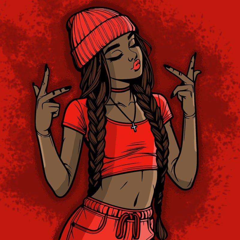 realistic teenage girl with braids and a beanie and crop top doing 🫶🏼