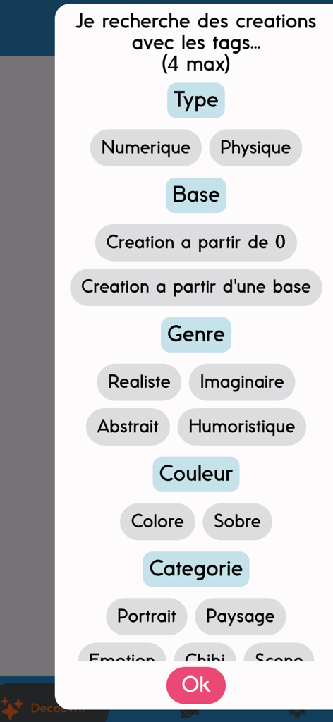 Interface for searching art by tags like digital physical realistic and portrait in the Thalie app