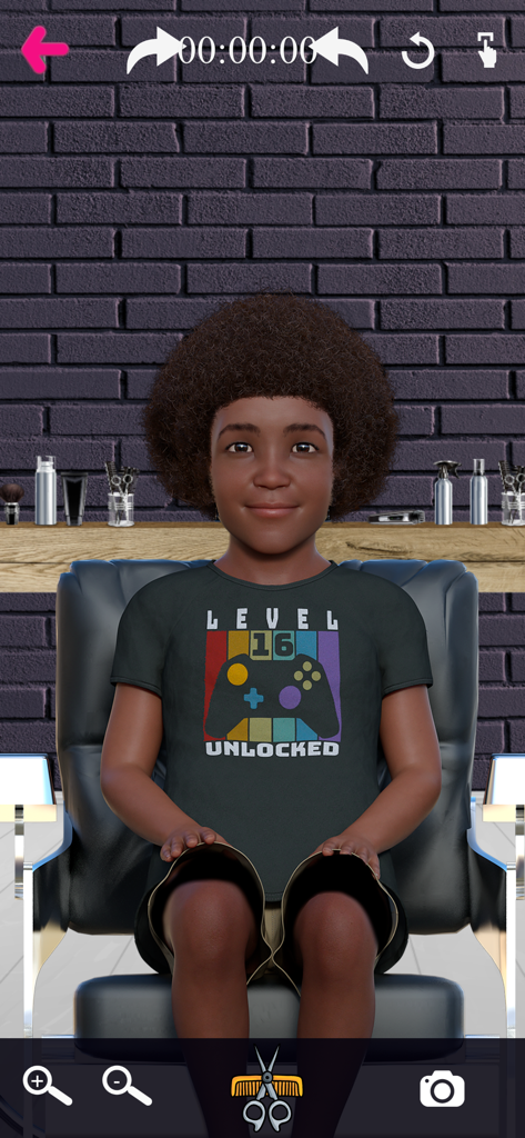 A young Black boy with an afro sitting in a barber chair in the Barber Chop app
