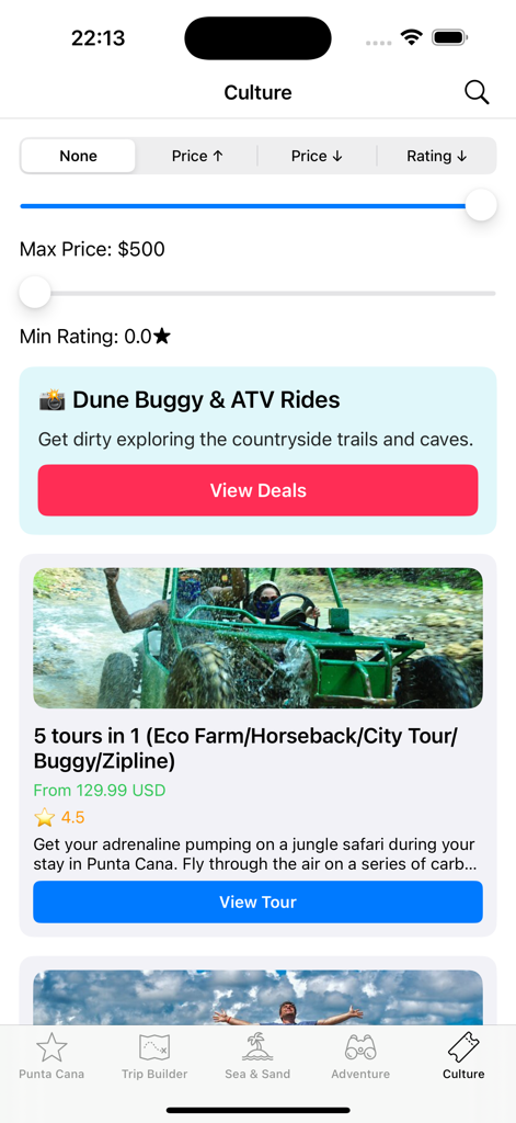 Schermata dell'app mobile che mostra tour culturali ed escursioni in buggy a Punta Cana con filtri di prezzo e valutazione.