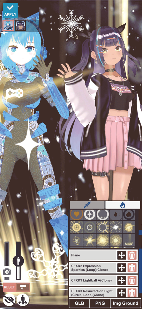 VRM Posing Mobile - Two 3D anime characters being posed with visual effects and light settings in the VRM Posing Mobile app