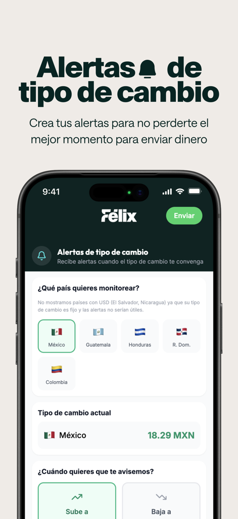 Félix Pago - Envíos de dinero - Pantalla de la aplicación Félix Pago para configurar alertas de tipo de cambio para transferencias de dinero a Latinoamérica