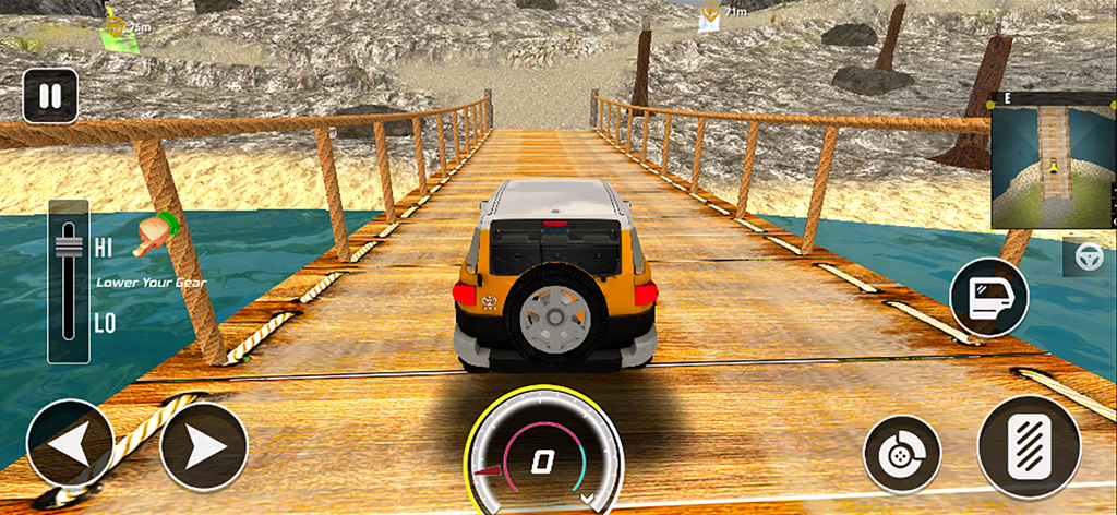 A yellow SUV driving across a wooden rope bridge over water in an offroad simulator game