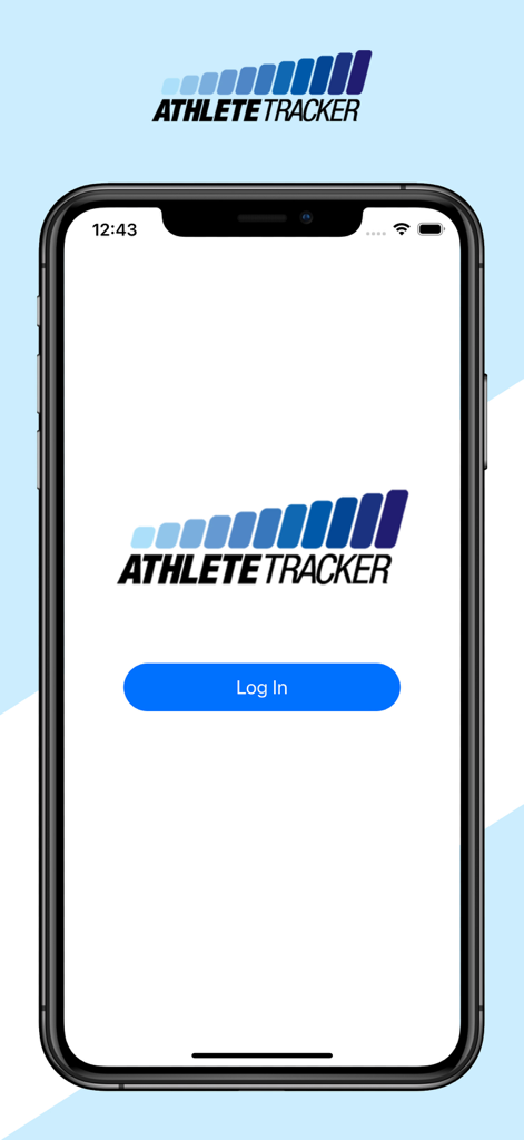 Athlete Tracker - Athlete Tracker mobile app login screen featuring the company logo and a blue log in button