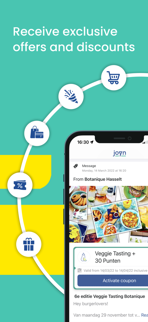 Joyn app screen showing exclusive offers and digital rewards from local businesses