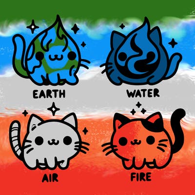 4 cats that represent the different elements, earth, water, air, and fire