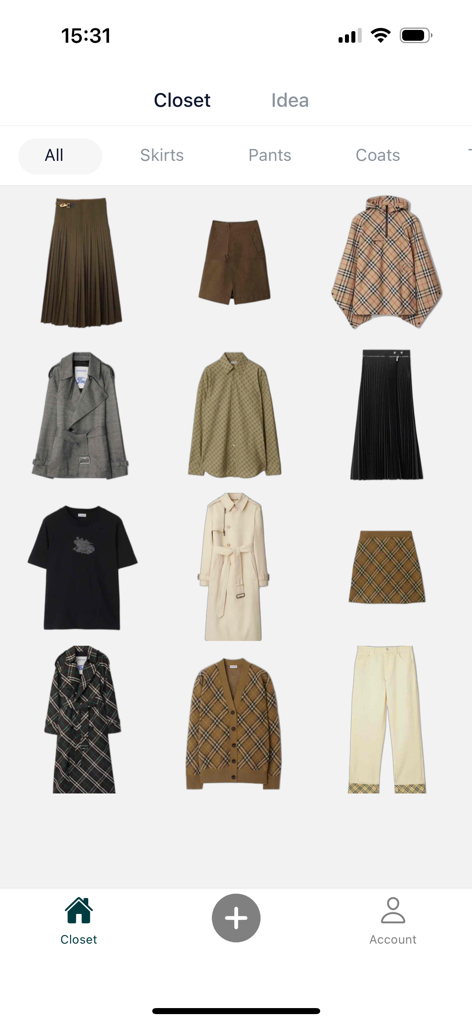 My AI Closet - Digital wardrobe inventory grid with AI background removal for clothes