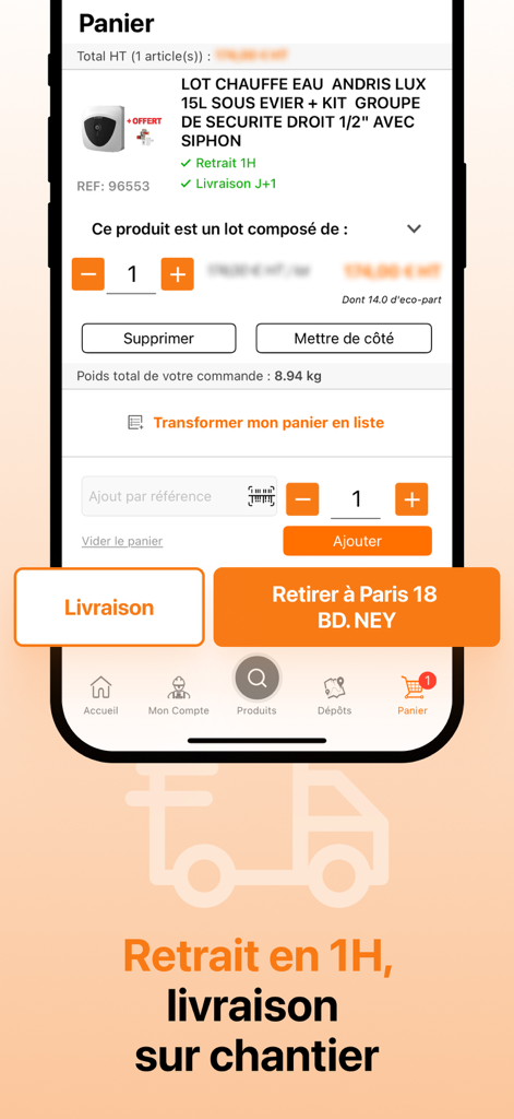 Interface of the La Plateforme du Batiment app showing the shopping cart and shipping options for building professionals