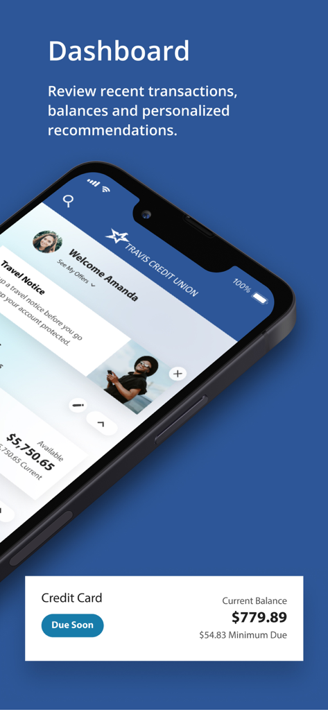 Travis CU Mobile app dashboard showing account balances and credit card payment status.