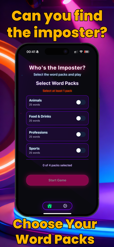 Imposter who – Word Party Game - A mobile screen showing themed word pack categories like Animals and Food for the Imposter Who party game.