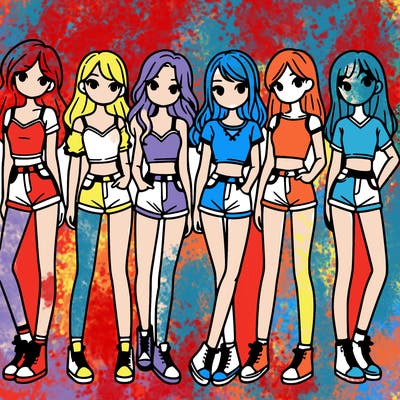 a group of girls wearing crop tops and shorts