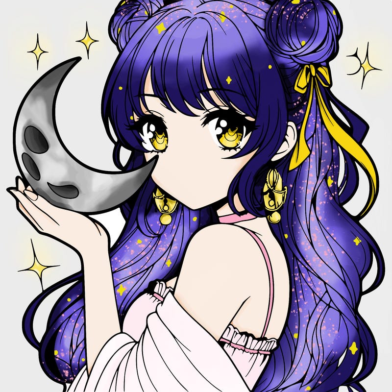 beautiful anime girl holding a moon