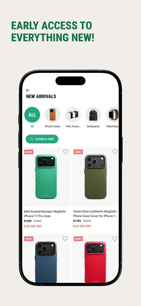 DailyObjects mobile app showing new arrivals of designer iPhone cases and tech accessories.