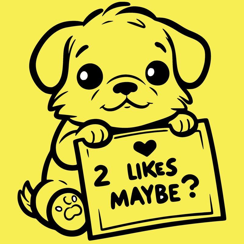a puppy holding a sign that says 2 likes maybe?