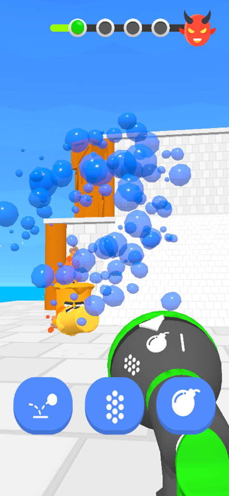 Aqua Boy! - Vista in prima persona di una pistola ad acqua che spara bolle blu contro una malvagia candela di fuoco in Aqua Boy