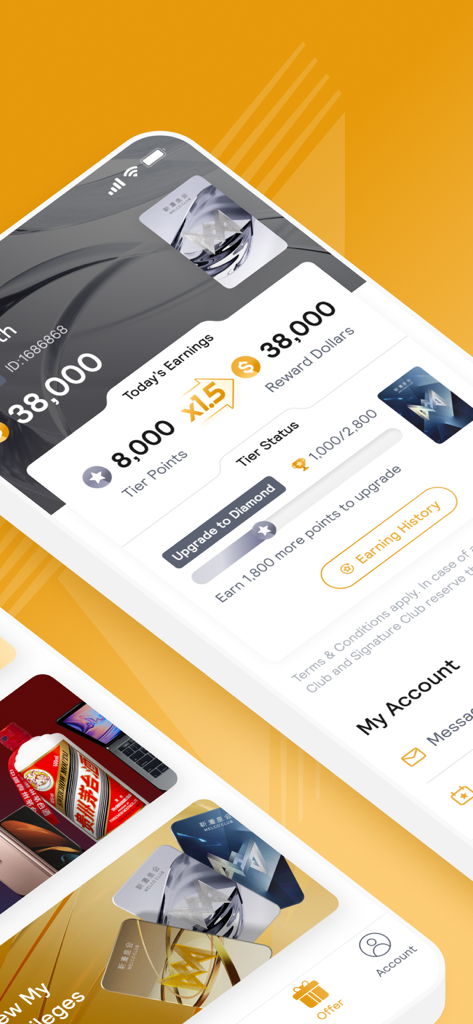 Melco Club - メルコクラブモバイルアプリのダッシュボード。会員ランク、獲得したリワードドル、ポイントの進捗状況が表示されます。