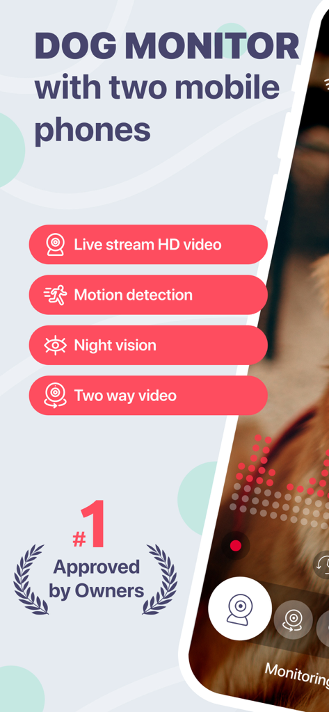 Dog Monitor Buddy & Pet cam - Pantalla promocional de la aplicación Dog Monitor Buddy que muestra funciones clave como transmisión de video en HD, detección de movimiento y visión nocturna