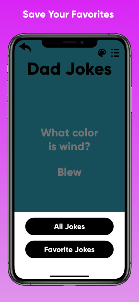 색깔에 대한 수수께끼와 모든 농담을 보거나 즐겨찾기에 추가하는 옵션을 보여주는 Dad Jokes Collection 앱의 스크린샷.