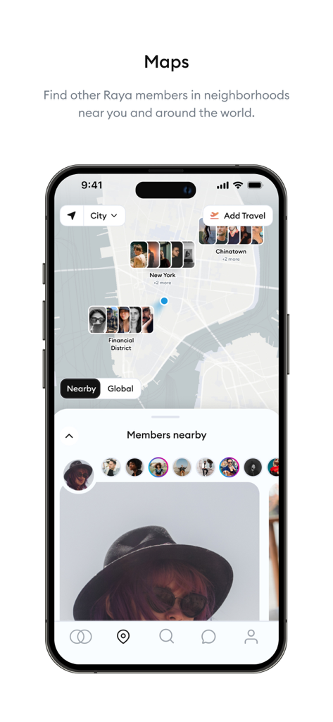 Raya - La interfaz de mapa de la app Raya mostrando perfiles de miembros en vecindarios cercanos para networking y citas.