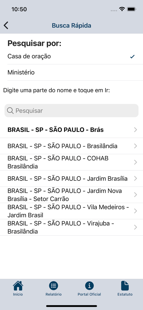 Tela de busca rápida do aplicativo CCB Relatorio Digital mostrando uma lista de locais de igrejas em São Paulo, Brasil
