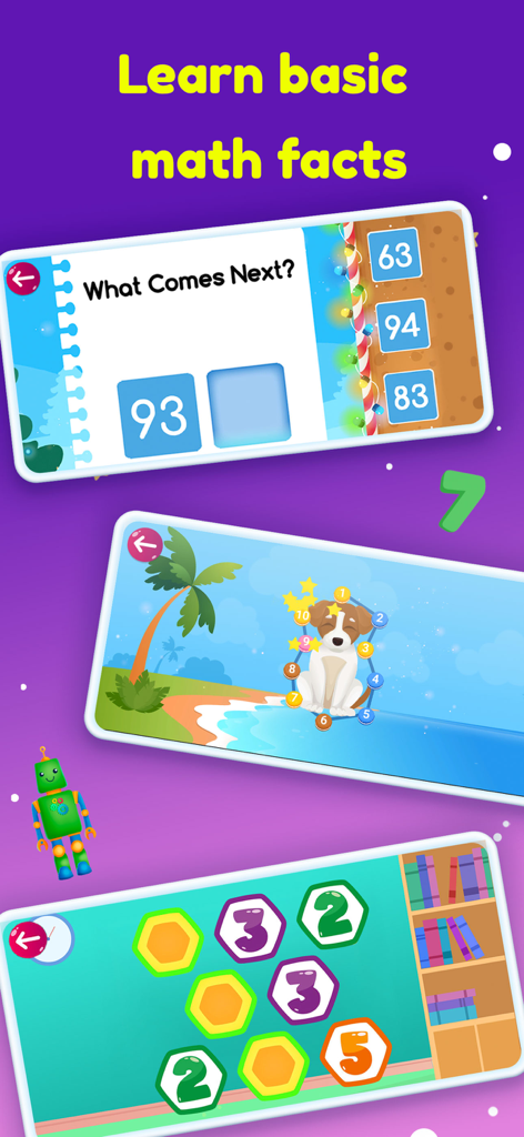 Learn Numbers: Math Kids Games - Educational math game screens for children showing number sequencing and counting activities