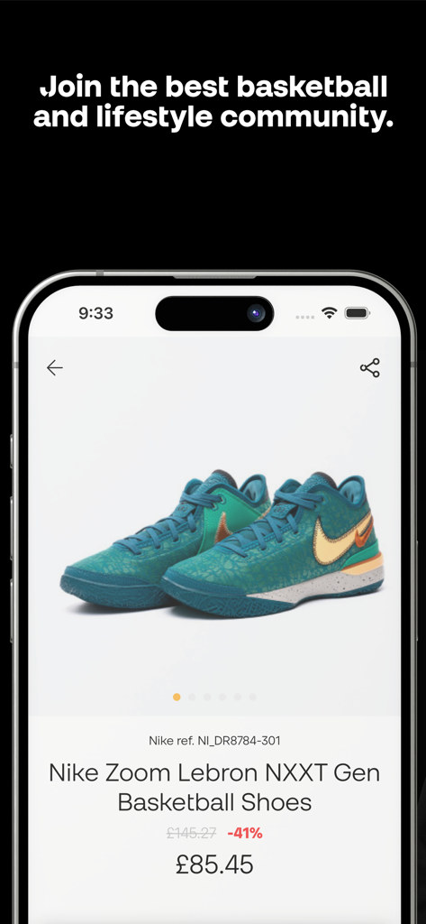 Basketball Emotion - Basketball Emotionストアで割引価格が表示された、Nike Zoom Lebron NXXT Genバスケットボールシューズを表示するモバイルアプリ画面。