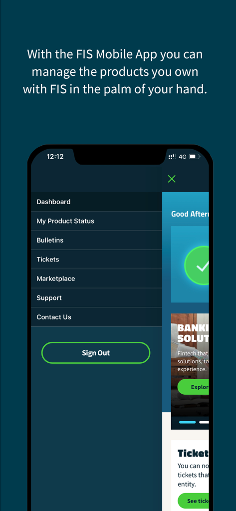 Main menu of the FIS Mobile app for enterprise financial product management
