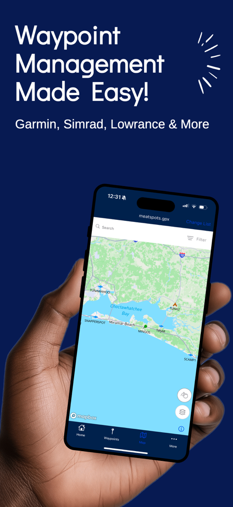 Smartphone screen displaying the On My Marks app map interface with fishing waypoints and navigation marks.
