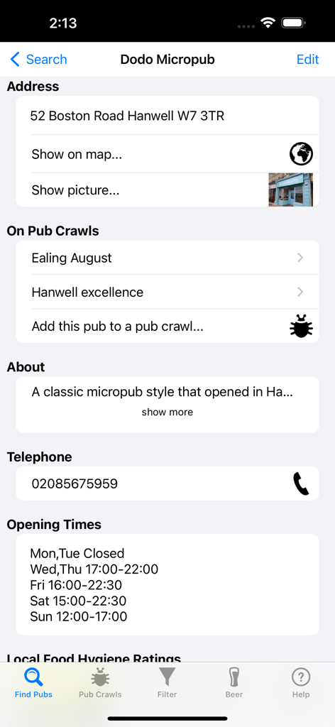 Pub Crawler - Liste de Dodo Micropub sur l'application Pub Crawler montrant son adresse et ses heures d'ouverture.