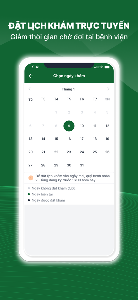 BV Lê Văn Thịnh - Online medical appointment booking screen with calendar feature in the BV Le Van Thinh app