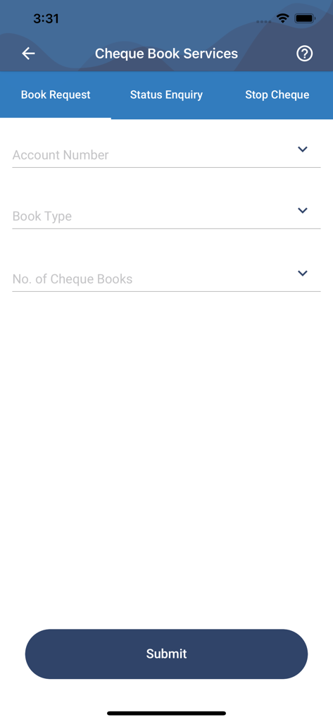 MSC Bank - Pantalla de la aplicación móvil MSC Bank para solicitar un nuevo talonario de cheques con campos para el número de cuenta y el tipo de talonario.