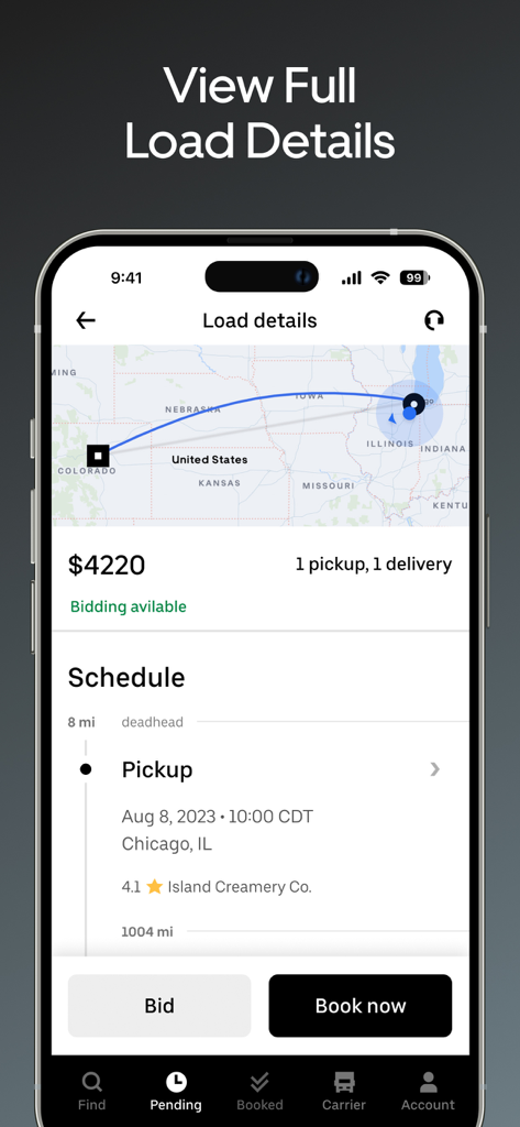 Uber Freight - Uber Freight app interface showing full load details with a route map price and booking buttons