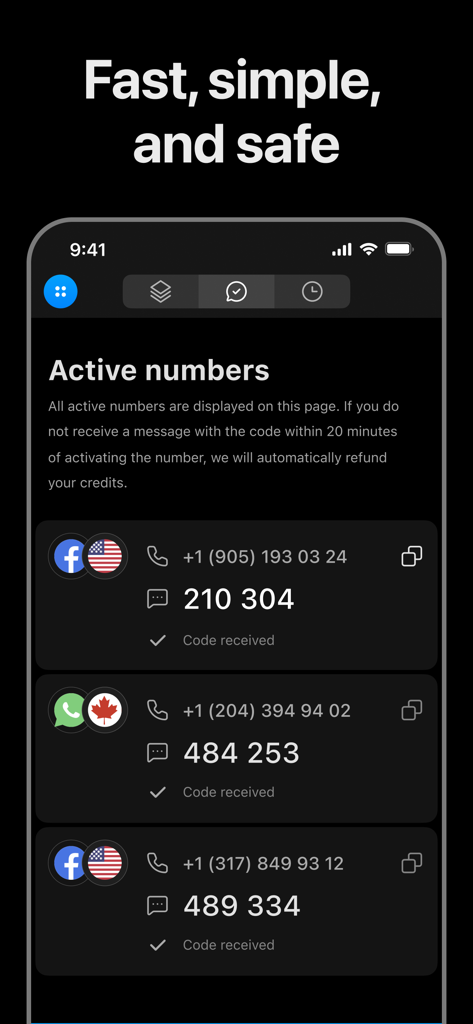 Getcode Pro SMS Virtual Number - Interface showing active virtual phone numbers and received SMS verification codes for Facebook and WhatsApp accounts