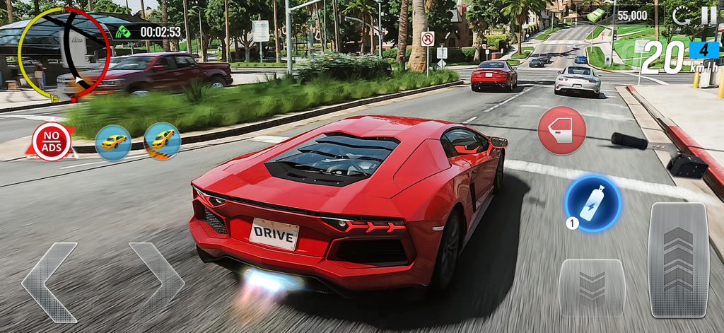 City Driving and Drifting Star - Captura de pantalla del juego City Driving and Drifting Star que muestra un coche deportivo rojo con llamas de nitro conduciendo por las calles de la ciudad.