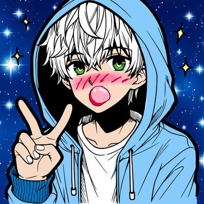 teenage manga boy in a hoodie, doing ✌