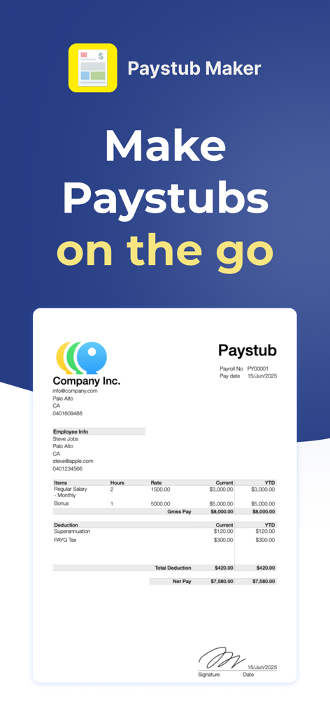 Paystub Maker - Eine professionelle Gehaltsabrechnung, die von der Paystub Maker App mit dem Text Make Paystubs on the go erstellt wurde.