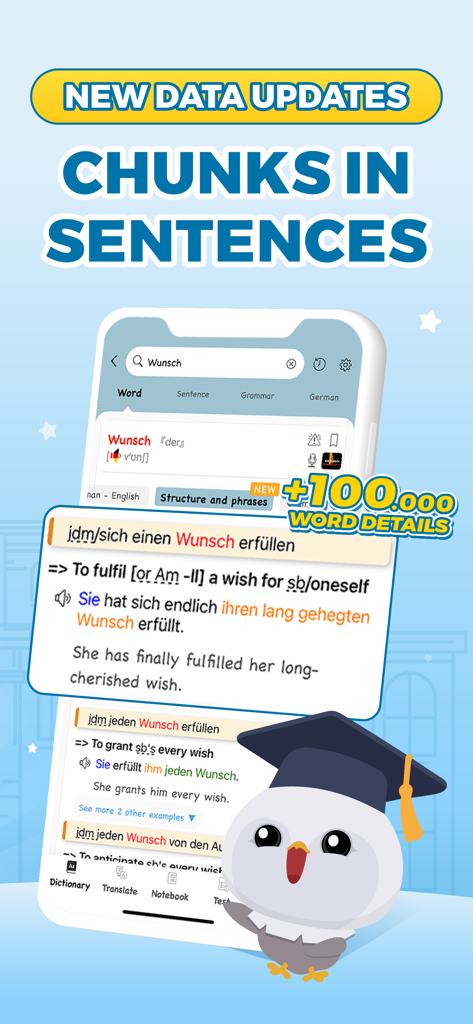 Interface do aplicativo Dicionário Alemão Faztaa mostrando definições de palavras e trechos de frases com exemplos de tradução