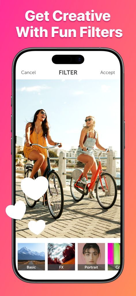 Photo Editor - iPhone screenshot of Photo Editor app showing a filter selection menu over a photo of two women riding bicycles