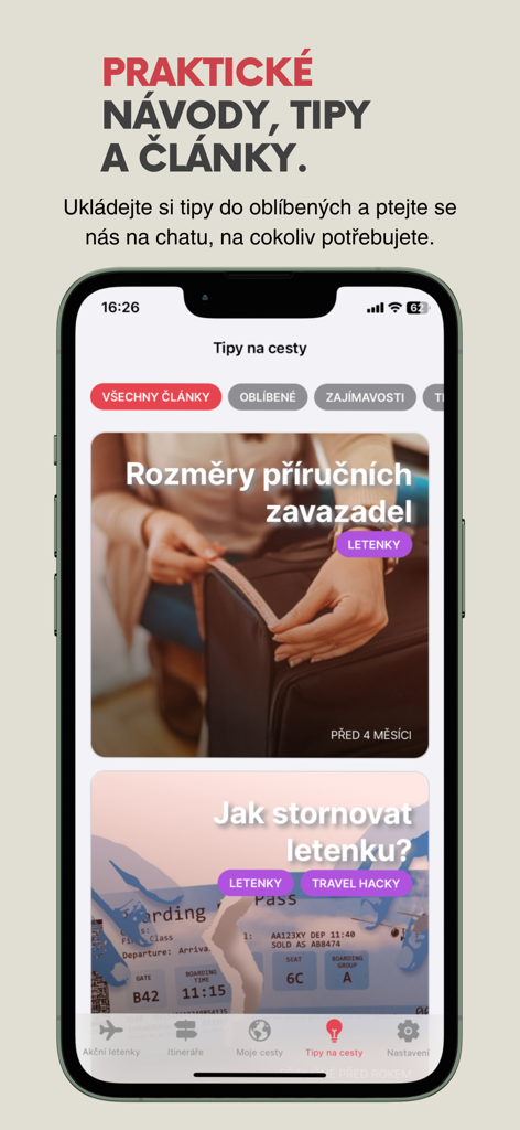 FlyAway app screen featuring practical travel tips, baggage guides, and expert articles for travelers.