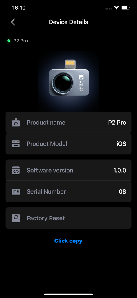 Temp Master - Temp Master app screen showing device details for the P2 Pro thermal camera including software version and serial number