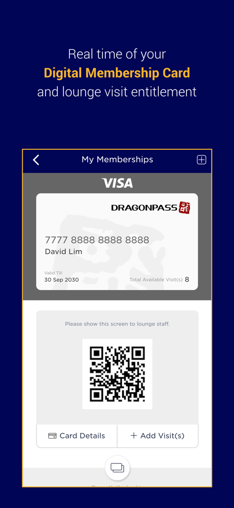 Tessera digitale con codice QR per l'accesso alla lounge aeroportuale nell'app Visa Dine and Travel.
