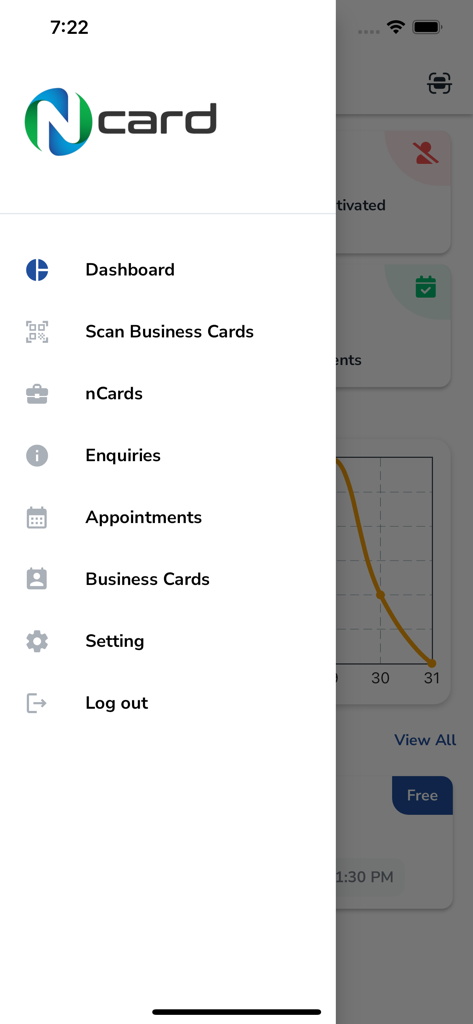 nCard - nCard App Seitenmenü mit professionellen Networking-Funktionen wie Visitenkarten-Scan und Terminverwaltung