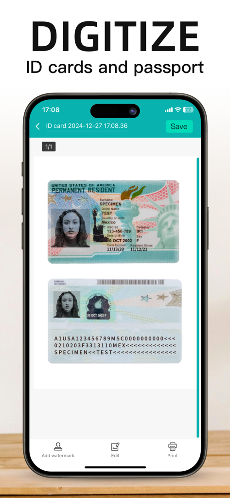 PDFスキャナーアプリを使用して、IDカードとパスポートをデジタル化するモバイルアプリの画面