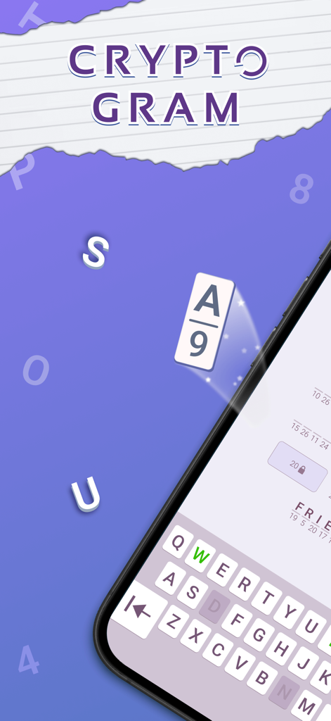 PlaySimple Cryptogram - Smartphone screen displaying the PlaySimple Cryptogram word puzzle game interface