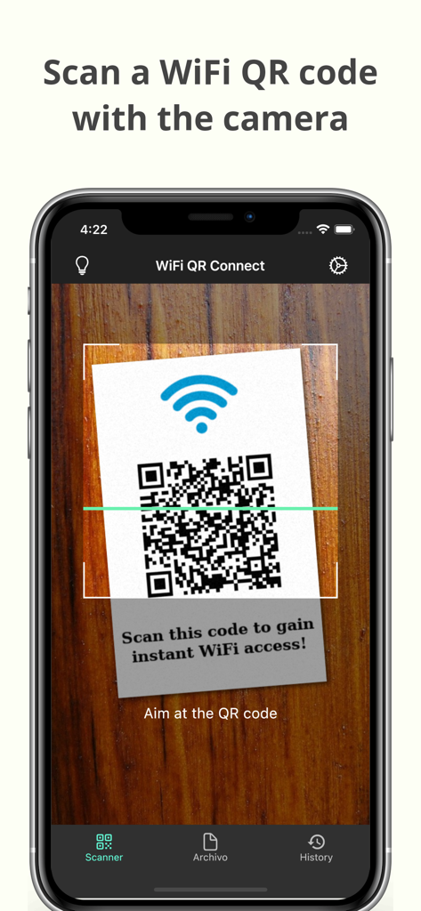 A smartphone screen showing the WiFi QR Connect app scanning a QR code for instant WiFi access.