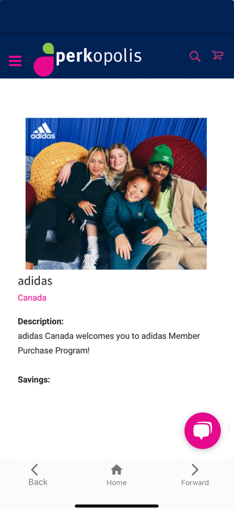 Perkopolis Mobile - Application Perkopolis Mobile affichant une réduction exclusive du programme d'achat pour membres Adidas Canada