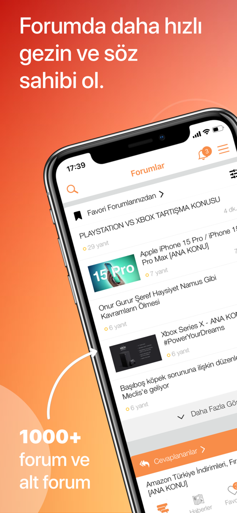 Smartphone screen displaying various tech discussion topics on the DonanimHaber forum app
