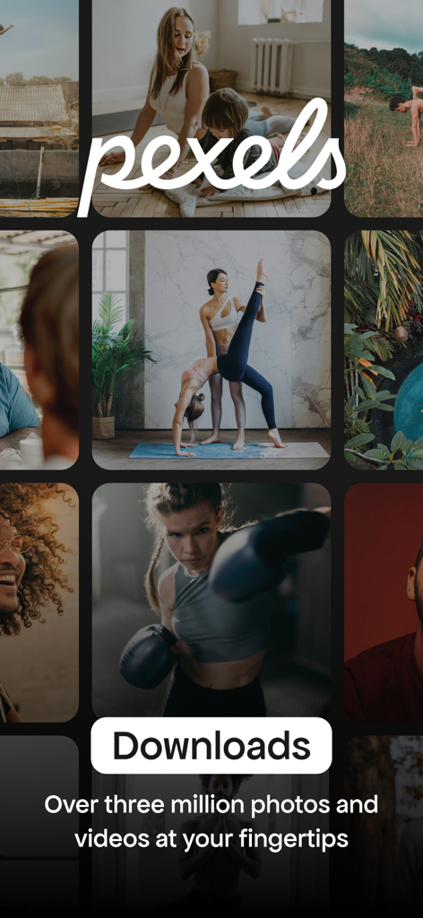 Pexels - Interface do aplicativo móvel Pexels mostrando uma galeria selecionada de fotos e vídeos de banco de imagens diversos e de alta resolução para criadores digitais